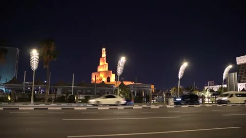 Night Time-lapse Street View of Iconic Fanar Mosque Minaret in Doha Stock Footage 337043920