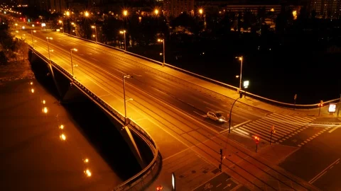 Night Time-lapse of the traffic at a bride in Zaragoza, Aragon, Spain Stock Footage 98214587