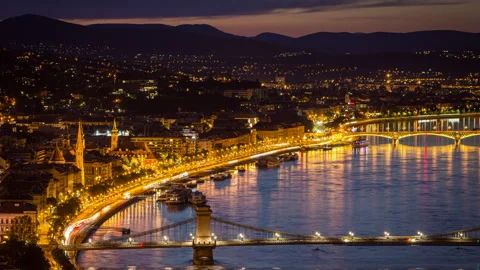Night time lapse of the traffic on the Danube bank in Budapest, 4K video Stock Footage 270961003