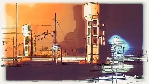 Night time lapse of trains passing in the Milan station, watercolor effect Video stock 87264691