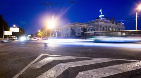 Night time-lapse video of cross-roads near train station in Odessa, Ukraine Stock Footage 54564465