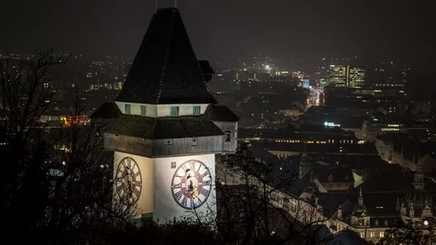 Night time lapse video of Uhrturm clock tower in Graz, Styria, Austria Stock Footage 100926583