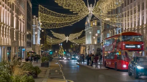 Night time lapse view of the beautiful decorated Regent Street Stock Footage 165736568