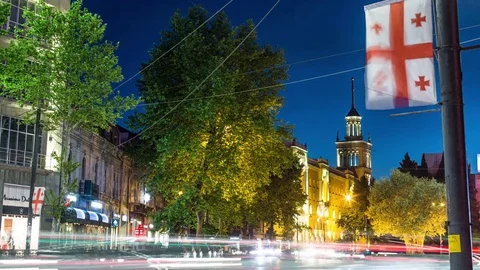 Night time-lapse with a view on busy road and nightlife in Tbilisi Stock Footage 76264014