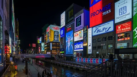 Night time-lapse view of Ebisubashi Bridge on the Dotonbori Canal Stock Footage 127613419