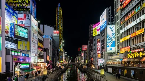 Night time-lapse view of Ebisubashi Bridge on the Dotonbori Canal Stock Footage 127613485
