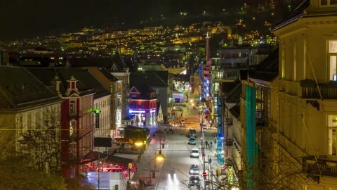 Night time lapse view towards Torgalmenningen, the main public square in Stock Footage 137333618