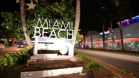 Night time lapse of Welcome sign in Miami Beach Florida, USA Stock Footage