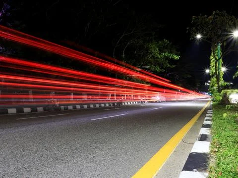 A night time , long exposure view light trails in the street Stock Photos