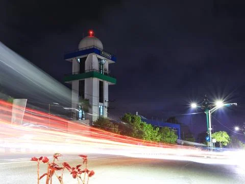 A night time , long exposure view light trails in the street Foto stock