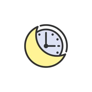 Night time, moon with clock flat color line icon. Illustrazione stock