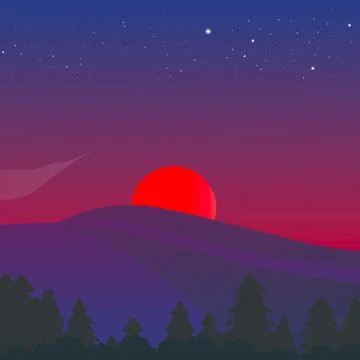 Night Time Mountain Forest With Red Sun And Starry Blue Sky Stock Illustration
