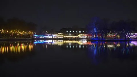 Night time natural landscape view of Lake Shichahai with Willow tree range .. Stock Footage 328716047