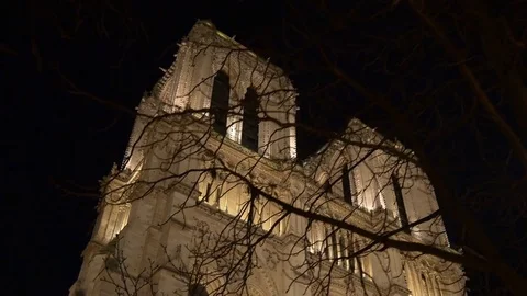 Night time paris famous notre-dame cathedral top panorama 4k france Stock Footage 79773907