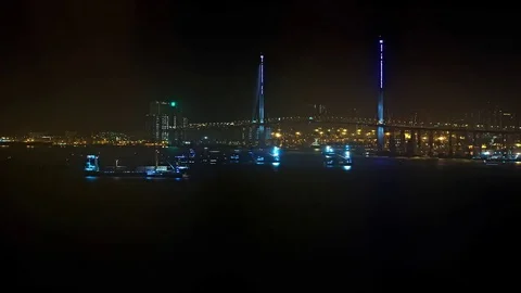 Night Time Road and Harbor Traffic at Stonecutter's Bridge in Hong Kong Stockbeeldmateriaal 74987909