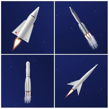 Night time rocket launch into space, realistic 3D vector illustration. Retro Stock Illustration