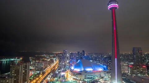 Night time time lapse of CN tower and Rogers Centre in Toronto Vídeo Stock 60126221