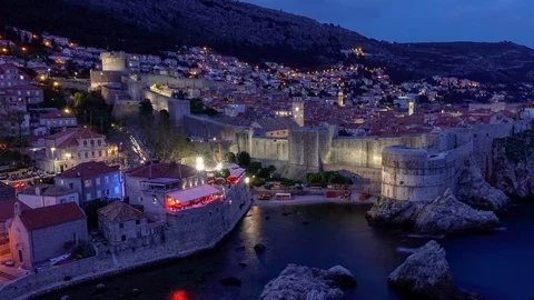 Night time time lapse pan of Pile Bay and the old city of Dubrovnik, Croatia. Stock Footage 88712591