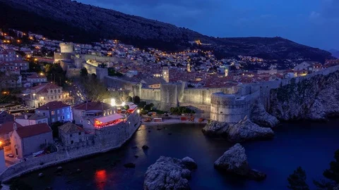 Night time time lapse of Pile Bay and the old city of Dubrovnik, Croatia. Stock Footage 88712514