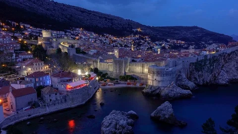 Night time time lapse of Pile Bay and the old city of Dubrovnik, Croatia. Stock Footage 88712562