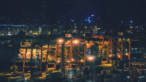 Night time time-lapse of Tsing Yi container terminal in Hong Kong Stock Footage 129395617