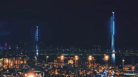 Night time time-lapse of Tsing Yi container terminal in Hong Kong Stock Footage 129395824