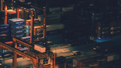 Night time time-lapse of Tsing Yi container terminal in Hong Kong Stock Footage 129395952