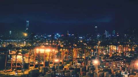 Night time time-lapse of Tsing Yi container terminal in Hong Kong Stock Footage 129395953