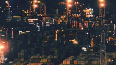 Night time time-lapse of Tsing Yi container terminal in Hong Kong Stock Footage 129396116