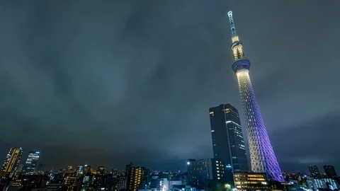 Night time timelapse of Skytree and Tokyo skyline wide angle dramatic 4K Stock Footage 126680723