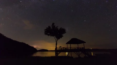 Night time timelapse with stars, tree and water Stock Footage 152410330