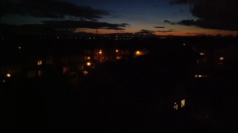 Night Time UK drone shot - Low to high flight at sunset Stock Footage 122690939