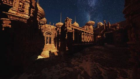 A night time view of a building with a star filled sky in the background Ilustración de archivo