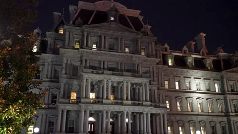 Night time view of the Eisenhower old Executive Office Building next to the Stock Footage 238356929
