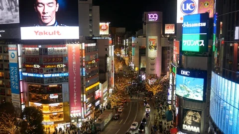 Night time view of many television advertisement bill board at Shibuya Video stock 123582467