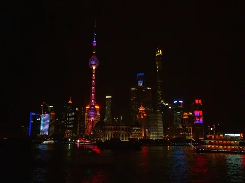 Night Time Views of Pudong from The Bund, Shanghai, China in 4K Video stock 80354583