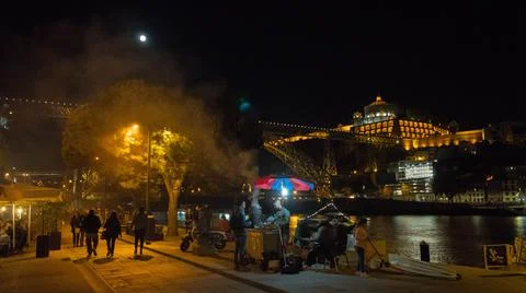 The night time walking in the Cais da Ribeira in Porto Portugal 2017 Stock Photos