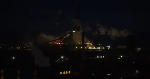 Night time wide shot of Morfa Coke Ovens at Port Talbot steelworks Stock Footage 249522573