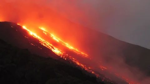 Night timelapse of active volcano Stromboli, Sicily, Italy in 4K Stock Footage 130124085