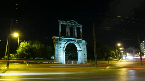 Night Timelapse Arch of Hadrian motion control pan Olympeion Stock Footage 49977339