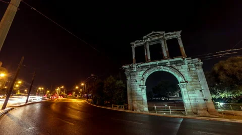 Night Timelapse Arch of Hadrian motion control pan Olympeion 25p Stock Footage 54346077