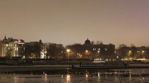 Night timelapse of canal with ducks on ice 1080 Stock Footage 10774013