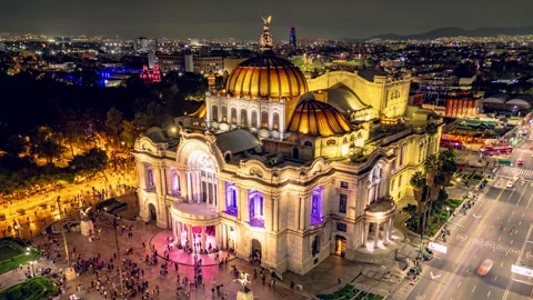 Night Timelapse of a Central Avenue Palacio de Bellas Artes Stock Footage 344022037