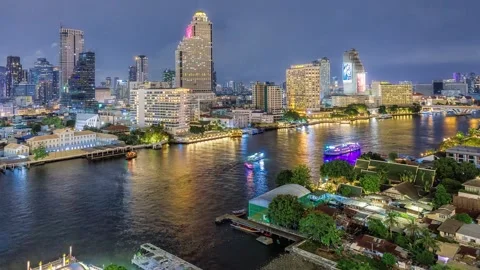 Night Timelapse of Chao Phraya River, Bangkok with Busy Ferries and City Skyline Stock-Footage 325658629
