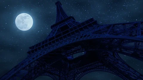 Night timelapse of Eiffel Tower with super moon and stars, Paris, France Stock Footage 86763058