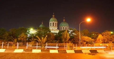 Night timelapse of the exterior of Holy Trinity Cathedral, Addis Ababa, Stock Footage 81564478