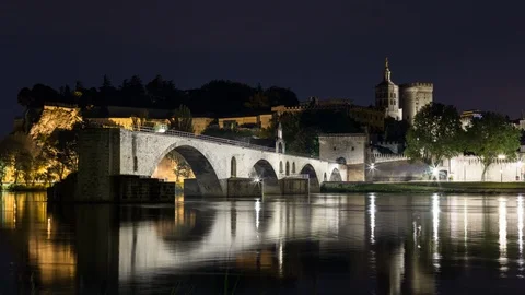 Night Timelapse hyperlapse of avignon bridge and Palace of the popes Stock Footage 100876648