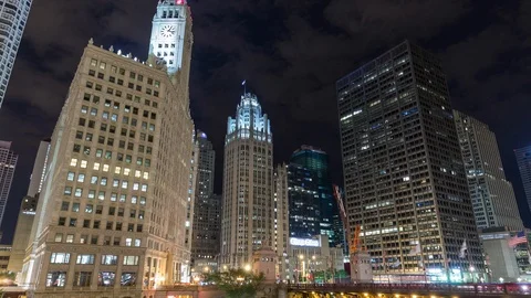 Night timelapse hyperlapse of Chicago downtown, historic skyscrapers Stock Footage 96231276