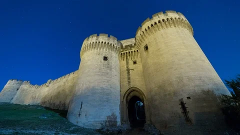 Night timelapse hyperlapse of Fort Saint Andre medieval castle, France Stock Footage 100876721