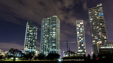 Night timelapse hyperlapse of Miami downtown luxurious skyscraper buildings Stock Footage 100837677